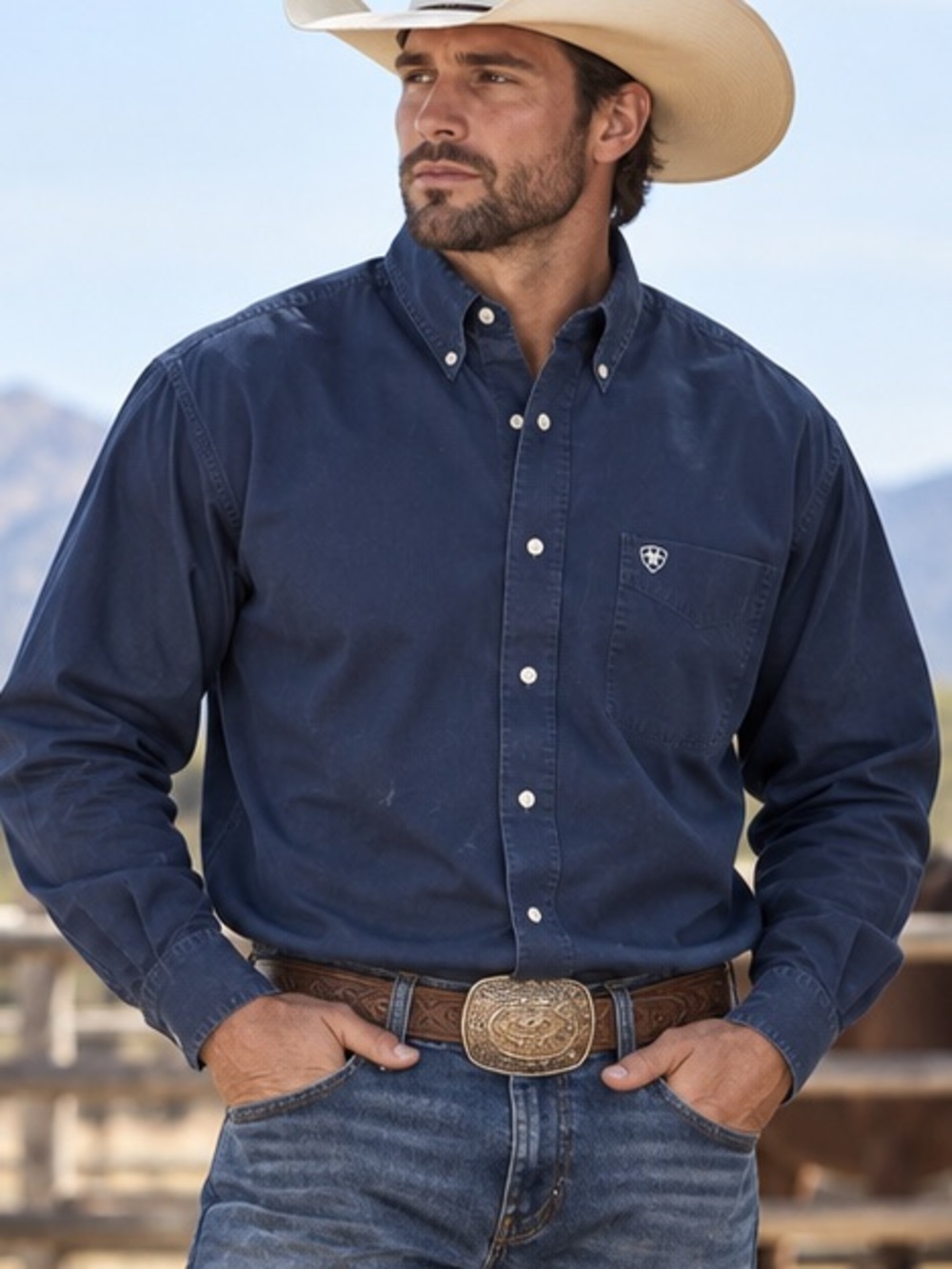 Ariat Navy Long Sleeve Button Down Western Mens Shirt